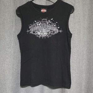 Harley-Davidson Black Tank with White Ornate Chest Graphic